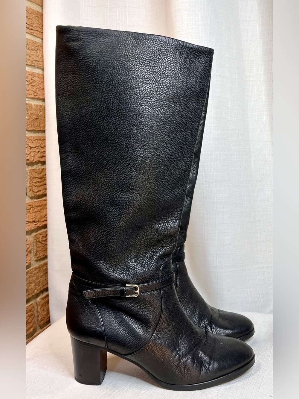J.Crew Italian Leather Knee High Boots Black Belted Block Heel Size 9